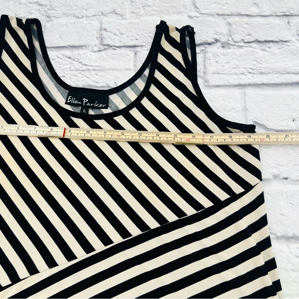 Ellen Parker L Tank Maxi Dress Black and Tan Striped Asymetrical Chiffon Trim - Picture 6 of 8